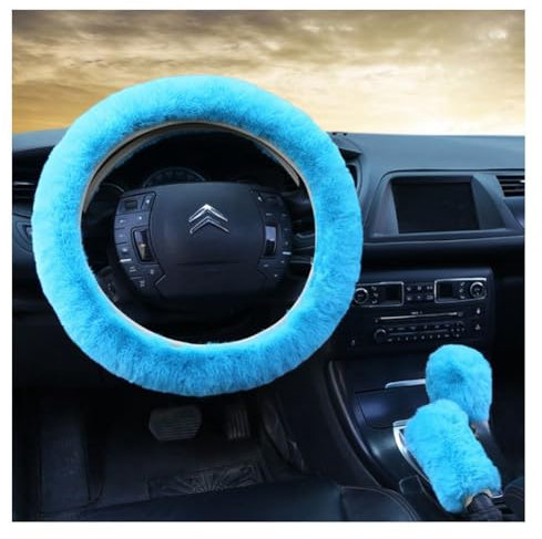 Rockreyoa 3 Stück Auto Lenkradbezug Set Universal Schaltknaufabdeckung+Handbremsenabdeckung+Warme Flauschige Lenkradabdeckung Plüsch Lenkradhülle Auto Innenzubehör Lenkrad Dekoration Blau