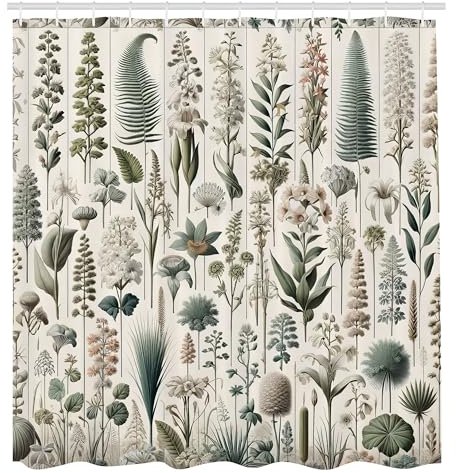 ABAKUHAUS Neutral Duschvorhang, Exotische botanische Illustration von Blättern Pastelltöne Farne und Palmen, Stoffliches Gewebe mit Haken, 175 x 200 cm, Blasses Resedagrün Kokosnuss
