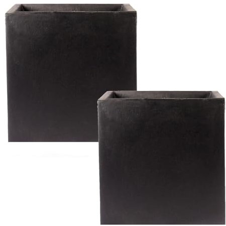 IDEALIST 2 x 40cm Square Planter for Garden| Black Reinforced Stone Flower Pot Set with Drainage Holes L40 W40 H40.5 cm, 50 litres