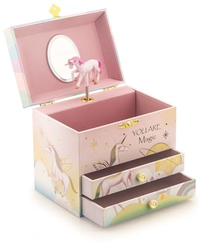 A&A Musik-Schmuckschatulle für Mädchen, mit doppelten Schubladen und großem Stauraum, gepaart mit magischem Einhorn-Thema, drehbar, Wiedergabe der Melodie für schönen Traum, Rosa-Violett