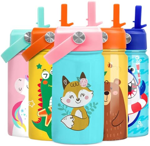 Fox Wasserflasche – Kinder-Wasserflasche mit Strohhalm-Deckel – isolierte Edelstahl-Wasserflaschen für Kleinkinder, Mädchen, Reisebecher für Schule, Sport, 340 ml