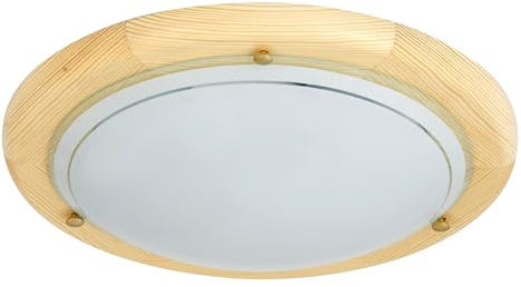 LED Universum Deckenleuchte Wandleuchte Holz hell rund Ø30cm aus Glas satiniert und Echtholz mit E27 Fassung für Glühbirne oder LED-Leuchtmittel | Deckenlampe Wohnzimmer Schlafzimmer Küche Flur