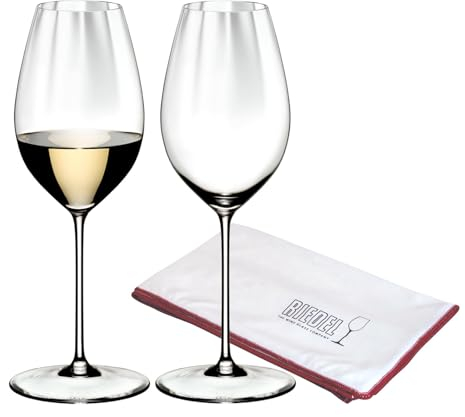 RIEDEL Performance Sauvignon Blanc Weinglas 2er Set, 440 ml, Weißweingläser mit Optik, Kristallglas, inklusive Poliertuch Logo (50 x 64 cm)