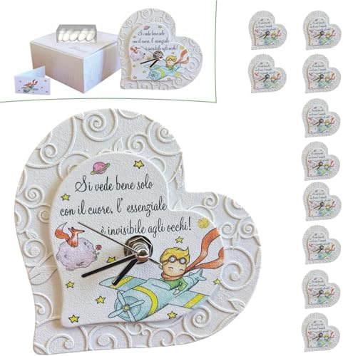 Regalami.Shop Set di 10 bomboniere Orologio con Piccolo Principe in Marmo di Carrara ricomposto, Completo di Scatola, bigliettino Coordinato e scatolina Porta Confetti (10, Cuore)