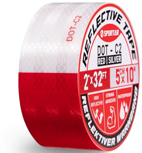 Spurtar Rot Weiß Reflektorband Selbstklebend, Reflektierende Aufkleber Reflektor Anhänger Reflektierendes Klebeband Reflektoren Warnband, für LKWs, Fahrrädern und Briefkästen Verwendet, 5 cm x 10m