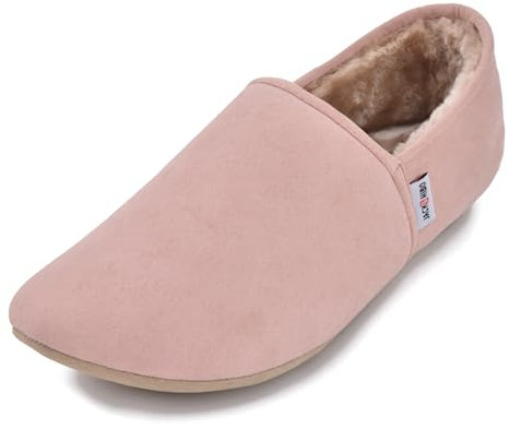 JACKSHIBO Hausschuhe Damen Herren Warme Plüsch Pantoffeln Weite Zehenbox Weiche Leicht Leder Hüttenschuhe Bequeme Rutschfest Drinnen Barfußschuhe Slippers Nullabsatz Sohlen (Rosa(Plüsch),EU39)