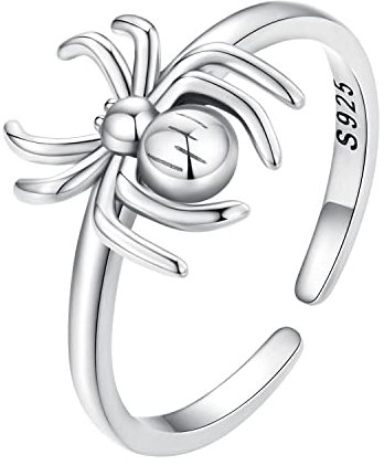 Qings Spinne Ringe für Damen Herren 925 Sterling Silber Spinne Offener Verstellbarer Schwarzer Tier Vintage Daumen Ring