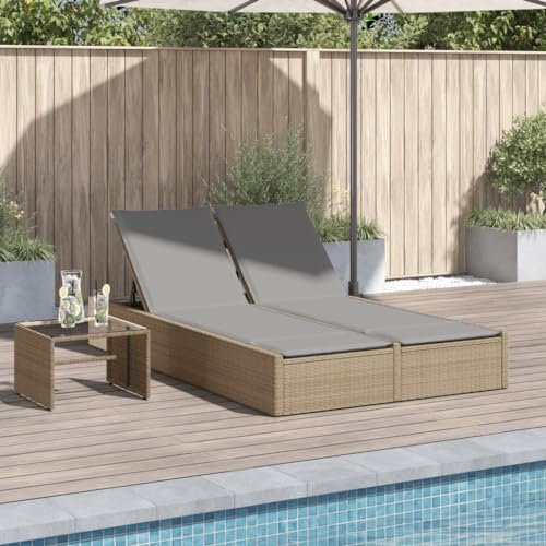 Xichuzi Doppel-Sonnenliege mit Auflagen Beige Poly Rattan, Gartenliege, Liegestuhl, Sonnenstuhl, Sonneninsel Outdoor, Liegen, Gartenmöbel, Bäderliege, Relaxliege - 368631