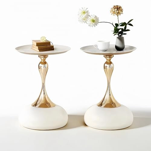 Ginhow Couchtisch Beige Gold, Kleiner Couchtisch Rund Modern, Metall Beistelltisch Rund Gold, Luxus Nachttisch Kaffeetisch für Wohnzimmer Schlafzimmer Balkon, Ø40CM, 2 Stück
