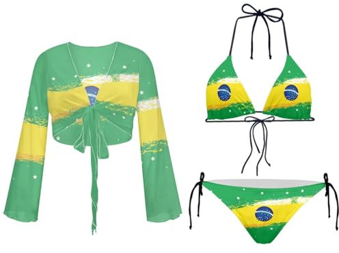 Jndtueit Flag of Brazil Green Spaghetti Strap Bikini Top Set for Women Drawstring Swimsuits High Waisted Bathing Suits Beach Cover Up Side Tie Back Halter Triangle Swimsuit Bottom Cardigan
