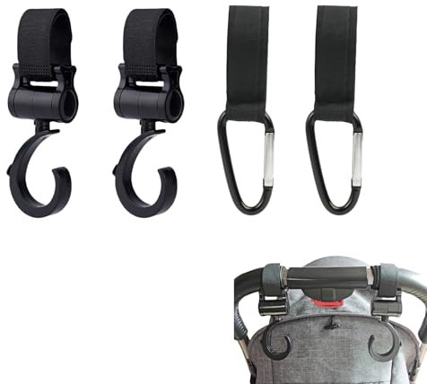 Set de 4 Piezas Ganchos carro bebe, Accesorios Prácticos para Cochecitos, Ideales para Colgar Bolsas de Compras y Más, Compatibles con Todo Tipo de Cochecitos, Color Negro