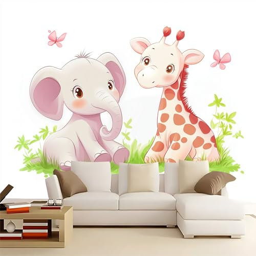 WHUOEUCO Papel Pintado Murales Bebé Elefante Jirafa De Dibujos Animados 200x140 cm Murales Papel Tapiz Efecto 3D, Para Comedor, Salón, Dormitorio, Fondo De Tv Pared Fotomurales Decoración