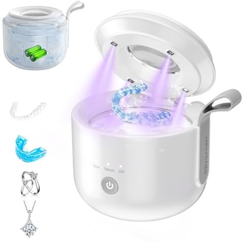 Ultrasonic Retainer Cleaner Machine, JeaTone 48kHz Portable Rechargeable Dental Cleaning Pod with 3 Modes, 200ML Ultrasonic Dental Cleaner for Aligner, Nightguards, Braces, Mouthguards, Jewelry Use