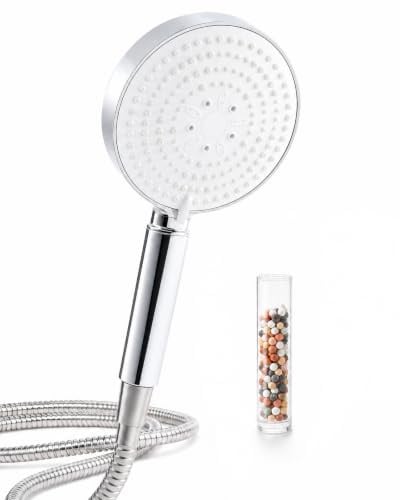 OFFO Duschkopf mit Schlauch 1,6m mit Verdrehschutz, 13cm Groß mit 20 Schichten Filtration, Handbrause mit Filter 6 Strahlarten, Duschschlauch mit Duschbrause Kalkfilter, Chrom + Weiß