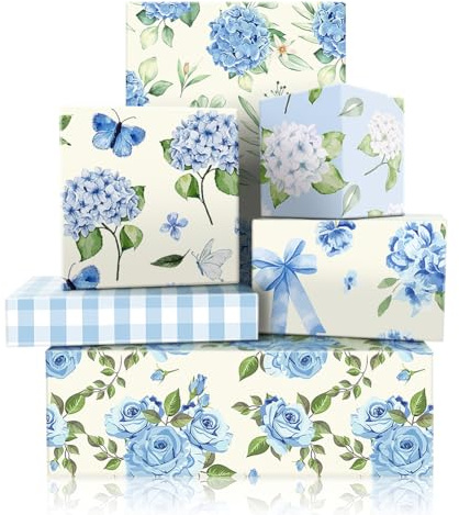 Light Blue and White Hydrangea Wrapping Paper, 6 Pack 50x70 cm Fresh and Elegant Gift Wrap for Birthdays, Weddings, Anniversary, Valentine's Day