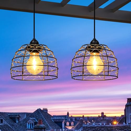 FabStyl Hängelampe mit Batterien betrieben für Außen Innen, 2 Stück Boho LED Lampe Pendelleuchte mit Fernbedienung Helligkeit einstellbar, Timer IP65 wasserdicht für Garten Terrasse