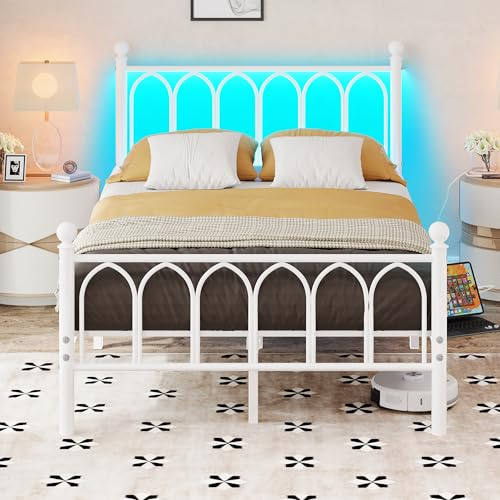 VERFARM Bett 120x200 mit Lattenrost aus Metall, Bettgestell 120x200cm mit LED Beleuchtung und Ladestation, Leichte Montage, Jugendbett Doppelbett, Modernes Design, mit Stauraum unter dem Bett, Weiß