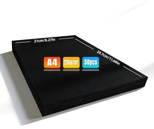 Nasxkji Schwarzer Fotokarton A4 250g/m², 50 Blatt Bastelpapier | 50 schwarze A4-Blätter, 250g/m², glatt und stabil, für Druck, Zeichnen, Karten, Origami, Basteln und Büro