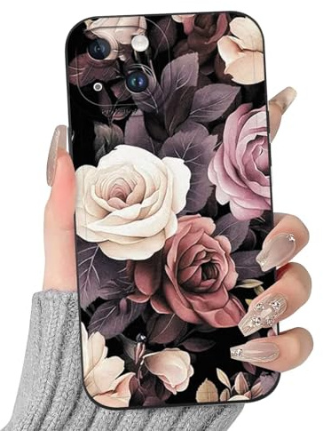 Kivlclri Handyhülle für iPhone 14 Hülle 6,1, Aesthetic Rose Blumen Muster Motiv Design Cover Weiche Bunt Silikon Schwarz Ultra Dünn TPU Schutzhülle Stoßfest Kameraschutz Bumper Case für Mädchen