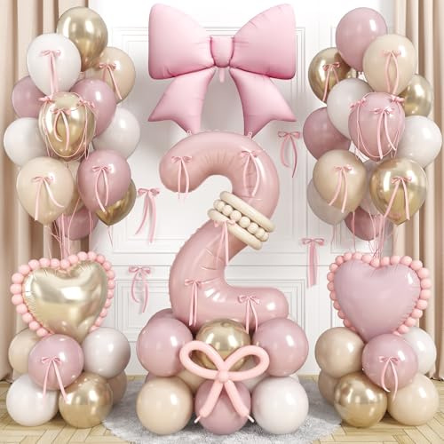 40 Inch Dusty Pink Balloon Number 2, Blush Pink Gold Beige Latex Balloons 2nd Birthday Decorations with Bow Heart Foil Balloon Ribbon Bow for Girls Boho Two Year Old Birthday Anniversary Party Decor
