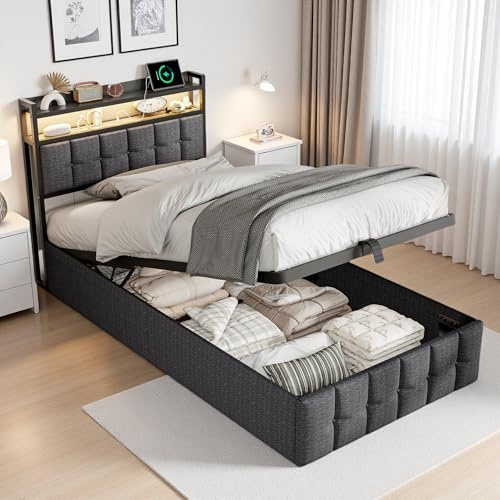 UTTQEW Bett 90x200 mit Stauraum, Polsterbett Doppelbett mit LED und USB, Hydraulisches Stauraumbett mit Lattenrost und Kopfteil, Boxspringbett mit Bettkasten, Ohne Matratze, Leinen, Grau