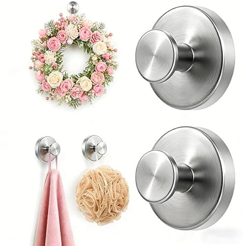2PCS Stainless Steel Vacuum Suction Cup Hooks, No Drill Damage Free Waterproof for Shower Bathroom Kitchen-Reusable Removable Holder for Towel Robe Loofah on Glass Door Tile Mirror, Brushed Silver