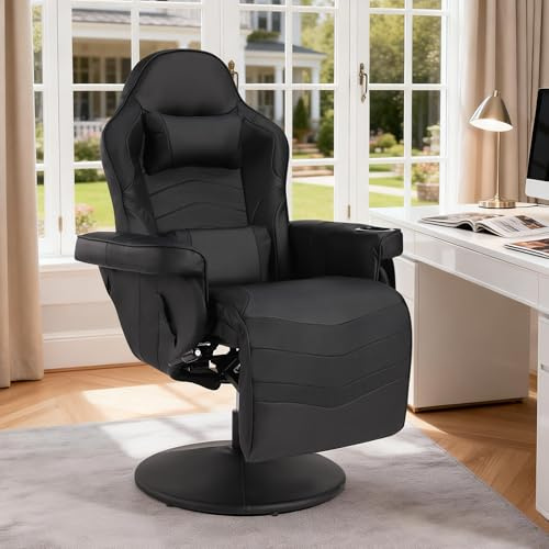 Consofa Relaxsessel Gaming Sessel mit Massagefunktion, Fernsehsessel mit Liegefunktion mit Höhenverstellbar,Gaming Sessel 90°–135° und Fußstütze,360° drehbarer Gaming Stuhl mit Getränkehalter(Schwarz)