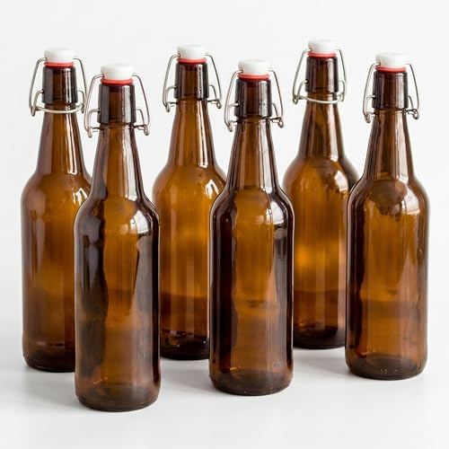 Relaxdays Flaschen zum Befüllen, 6er Set, Einmachflasche, braun | Bügelverschluss, Glasflasche für Öl, Schnaps, Saft