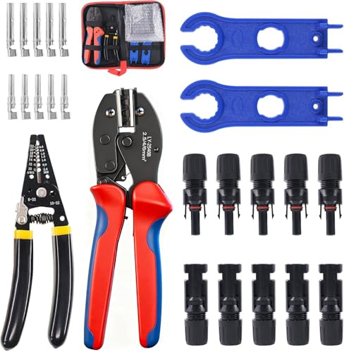 Solar Crimpzange Werkzeug Set für 2.5/4/6mm² PV Kabel,5 Paar Kabelstecker, 5 Paar Männlich/Weiblich Stecker, 1x Crimpzange, 1x Abisolierzange, 2xSchraubenschlüssel für Solarstecker Kabel Anschluss