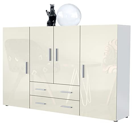 Vladon Highboard Nora Anrichte mit 2 Schubladen und 4 Türen mit insgesamt 8 Fächer dahinter, Weiß matt/Creme Hochglanz (166,5 x 106,5 x 35 cm)