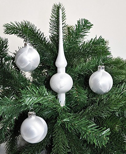 Thüringer Glasdesign Jack Eislack Glas Christbaumkugeln Set 15x Kugel 6cm + 1x Spitze 25cm Weiß Box