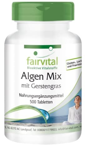 Fairvital | Alghe Mix con erba d'orzo - MASSA per 100 giorni - VEGAN - 500 compresse - Spirulina
