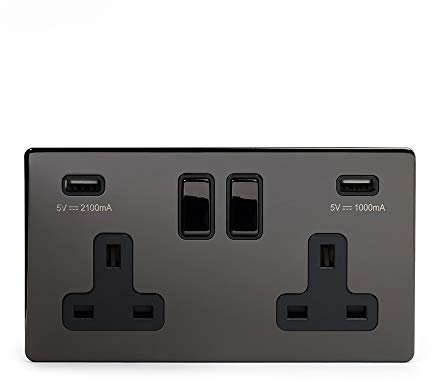 Black Nickel Stylish Double Plug Socket with Black Insert Screwless Faceplate (Black Insert, 2 Gang USB Plug Socket)