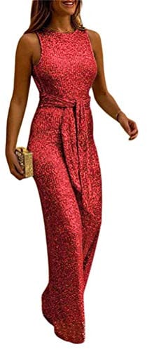 ORANDESIGNE Damen Langarm O-Ausschnitt Elegant Lang Jumpsuit Overall Hosenanzug Playsuit Romper S-XL Rot 42