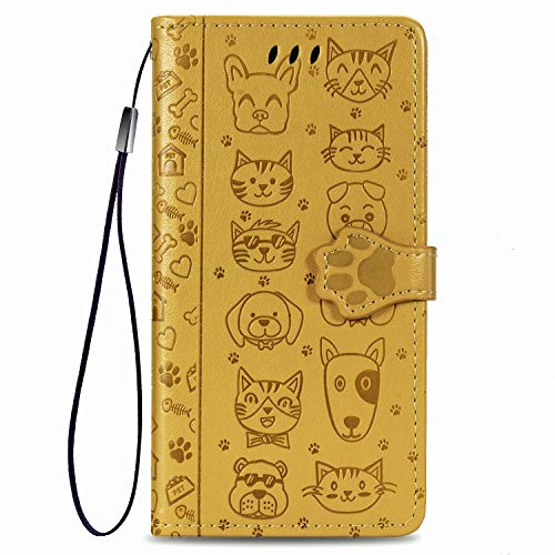 Fertuo Funda para iPhone SE 2022/2020, Carcasa Libro con Tapa de Cuero con Ranuras de Tarjeta, Soporte, Cierre Magnético [Gato Perro] Flip Case Cover para Apple iPhone SE 2020/8 / 7, Amarillo