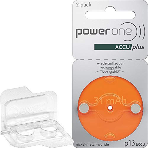 Lot de 2 Batteries pour appareils auditifs Power One accu Orange 13 (1 Blister de 2) + boîte de Rangement EWANTO pour Deux Batteries