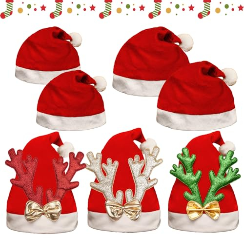 Counius 7 stücke Weihnachtsmütze erwachsene nikolausmütze Rentier Geweih haarreifen weihnachten Weihnachtsmann Mütze Rot für Weihnachts- und Weihnachtsfeier Gefälligkeiten