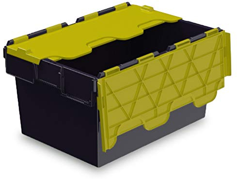 TOTEBOX 10x 54 Litre Storage Box/Attached Lid Container in Black with Yellow Lid (600 x 400 x 320h mm)
