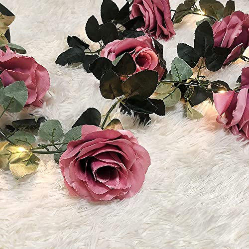 GUOCHENG Fairy Flower Garland Lights with Timer, 2.45m Artificial Hanging Rose Fairy Strings Battery Power Wreath Lights for Wedding Arch Party Home Decorations-Plum