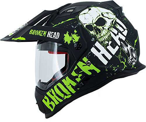 Broken Head Bone Crusher Motocross-Helm Grün mit Visier - Enduro MX Cross-Helm - Motorradhelm mit Sonnenblende (S 55-56 cm)