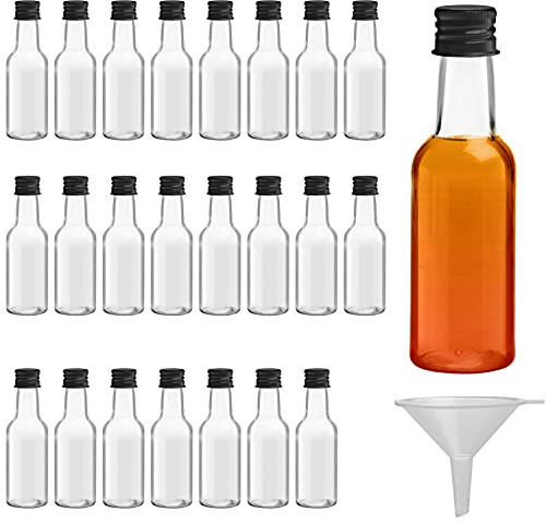 BELLE VOUS Mini Bouteille (Lot 24) Bouteilles Miniatures Réutilisables 150ml Vides en Plastique avec Bouchons À Vis Noirs et Entonnoir pour Liquides - Mignonnettes pour Mariages et Fêtes