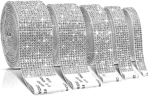 5 Rollen Selbstklebende Kristall Strass Diamant Rollenband - Bling Edelstein Streifen Aufkleber zum Basteln mit 2 mm Strass 4,5 Yards (Silber)