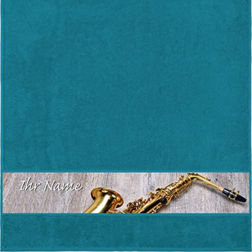 Manutextur Duschtuch mit Namen - personalisiert - Motiv Saxophon - Petrol - Größe 70x140 cm - persönliches Geschenk mit Wunsch-Motiv und Wunsch-Name