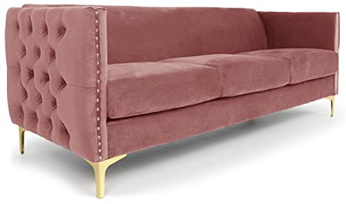 Menzzo Canapé 3 Places Joshua en Velours Rose - Canapé Droit Chic & Confortable - Accoudoirs capitonnés & Pieds métal doré - Style Moderne & déco Salon