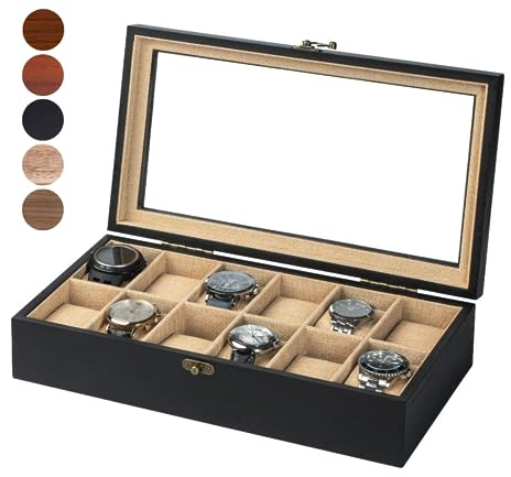 Exper City Uhrenbox, Uhrenetui für Herren und Damen, mit großem Glasdeckel, Holz-Uhrenbox mit 12 Fächern, anthrazitschwarz, Herren-Uhrenbox
