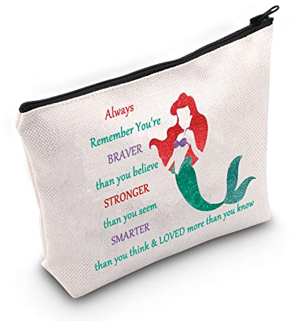 WZMPA Meerjungfrau Ariel Kosmetiktasche - Always - Braver, Stronger, Smarter - Kosmetiktasche für Frauen & Mädchen - Blau - Wasserfest - Leinen - Reißverschluss - Make-up Storage & Alltagsgebrauch