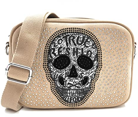 Kleine Damentasche mit Nieten - Schwarze Gothic-Punk-Umhängetasche - Mexikanische Totenkopf-Rock-Damentasche - Tasche im Biker-Stil - Originelle Geschenke für Frauen (Bandelier Grau)