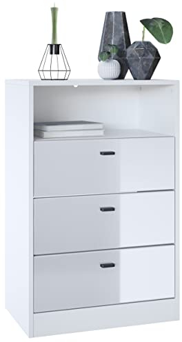 Vladon Kommode Pino V2, Made in Germany, Anrichte mit 3 Schubladen & 1 offenem Fach, Weiß matt/Weiß Hochglanz (56 x 86,5 x 36 cm)