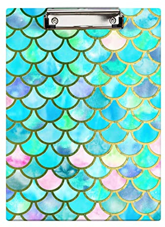 Tableau à pince décoratif en bois pour bureau, école, infirmière et tirette pour format A4 - Motif poisson bleu et rose - Sirène colorée - 31,8 x 21,6 cm