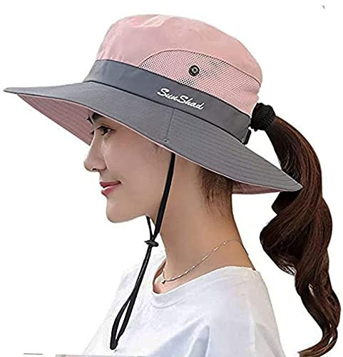 KorhLeoh Cappello da Sole per Donna Protezione UV Cappello da Pesca a Tesa Larga Cappello Estivo da Spiaggia a Coda di Cavallo Safari Booney Bucket Hat (56-58cm, Rosa)